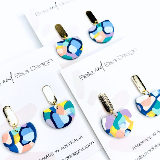 Quinn // Vivid Dream // Clay Dangle Earrings // Blues, Jade Green, Purple, Yellow, Coral and White