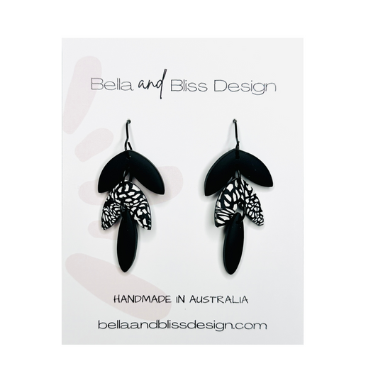 Breeze Leaves // Clay Dangle Earrings // Black and Ivory