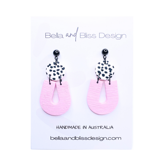 Nevaeh // Clay Dangle Earrings // Pink, White with Black Spots