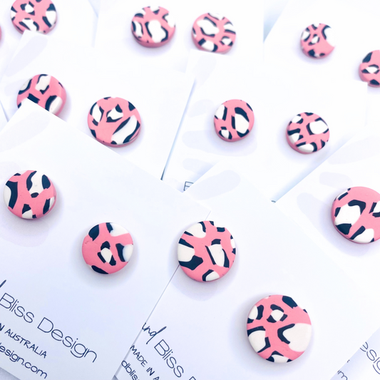 Leopard Pink // Clay Stud Earring // White Spots