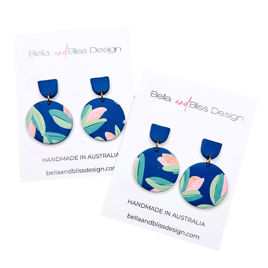 Emma // Pink Wattle // Clay Dangle Earrings // Deep Blue, Greens, Pink and Coral