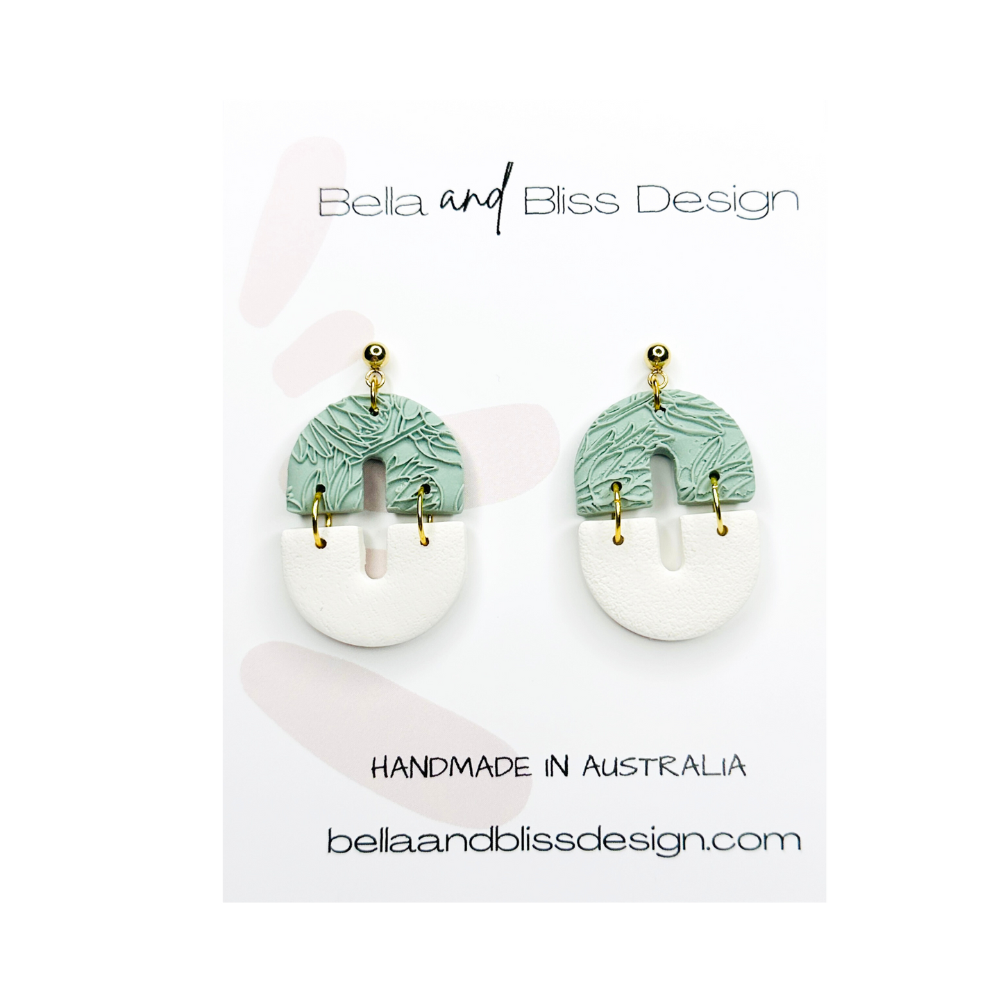 Annabella // Floral Coloured Embossed // Clay Dangle Earrings // Green, Grey and Beige