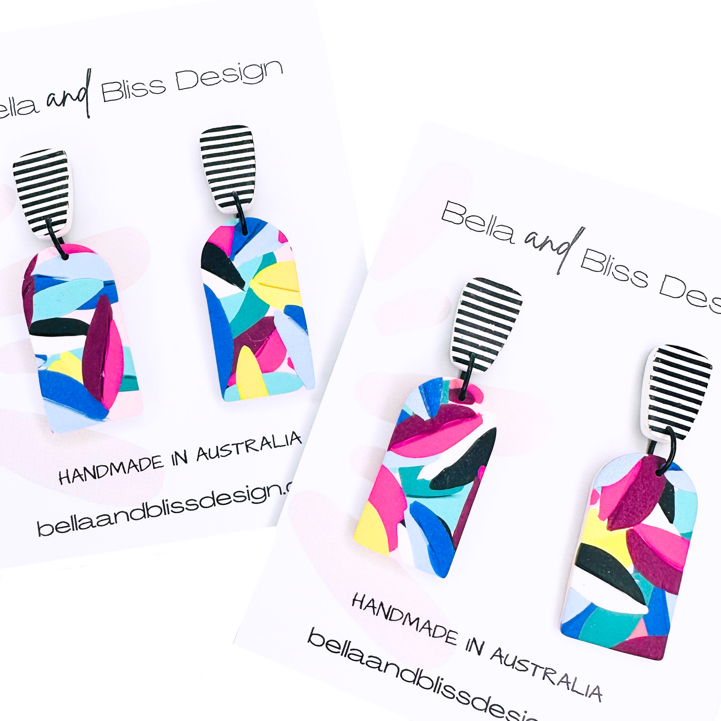 Chloe // Rainbow Leaves // Clay  Dangle Earrings // Yellow, Blues, Green, White, Black, Fuchsia and Stripes