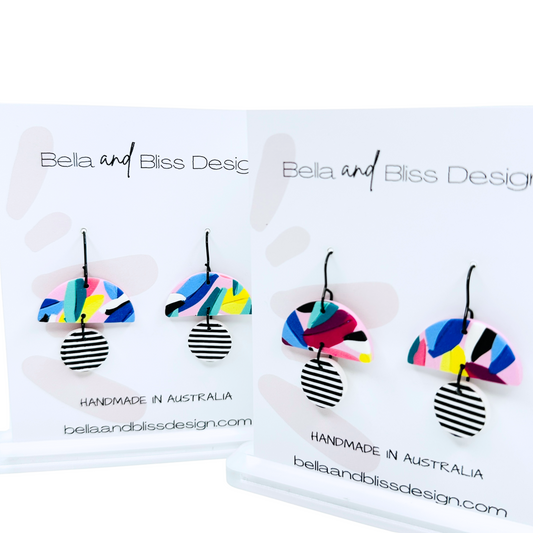 Haven // Rainbow Leaves // Clay Dangle Earrings // Yellow, Blues, Green, White, Black, Fuchsia  and Stripes