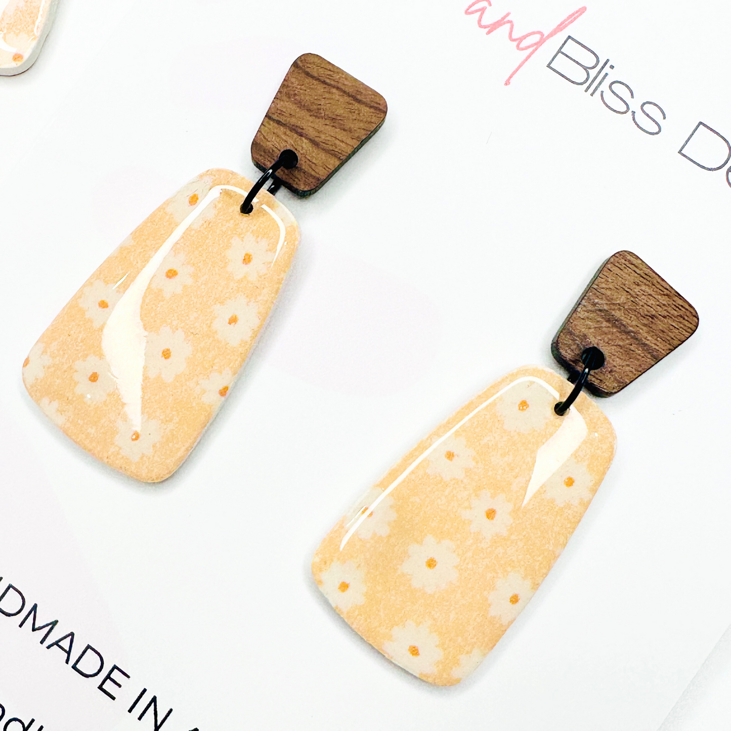 Raine // Floral Yellow // Clay Dangle Earrings // Walnut top and Floral Yellow