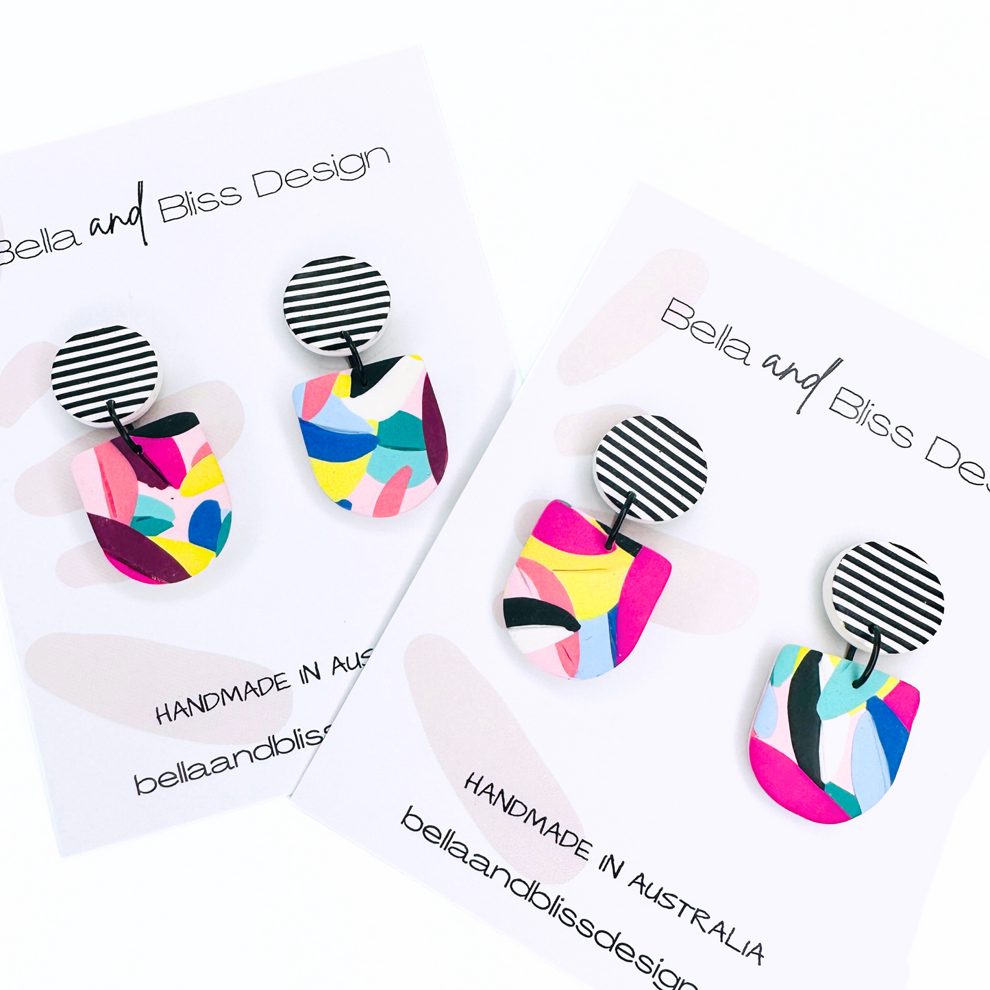 Frankie // Rainbow Leaves // Clay Dangle Earrings // Yellow, Blues, Green, White, Black, Fuchsia  and Stripes