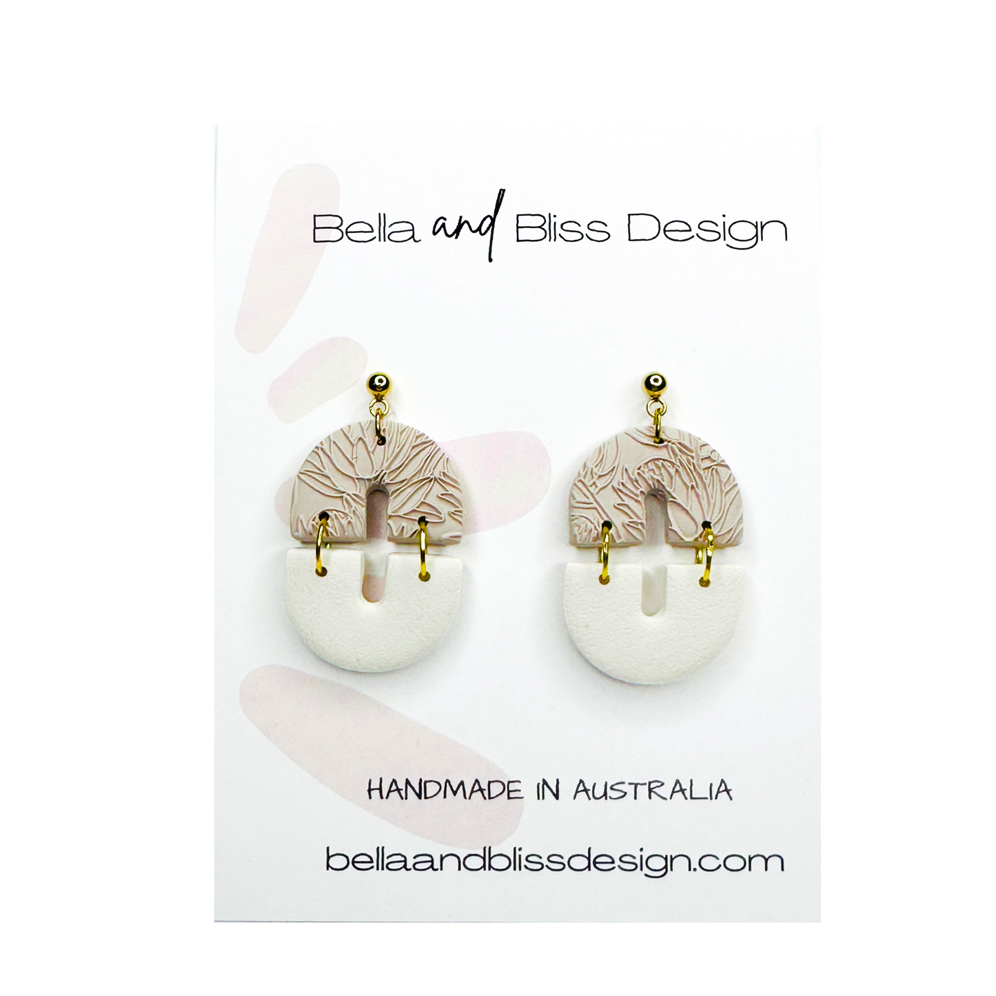 Annabella // Floral Coloured Embossed // Clay Dangle Earrings // Green, Grey and Beige