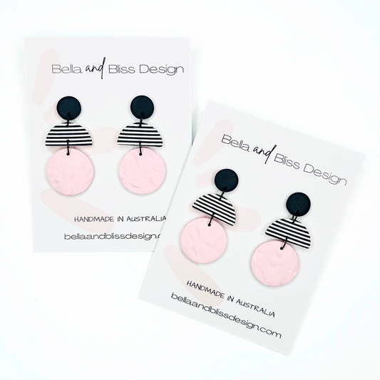 Harlow // Clay Dangle Earrings // Black, Stripes and Pink