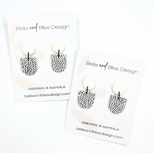 Frankie // Monochrome Dots // Clay Dangle Earrings // White with Black dots and White top