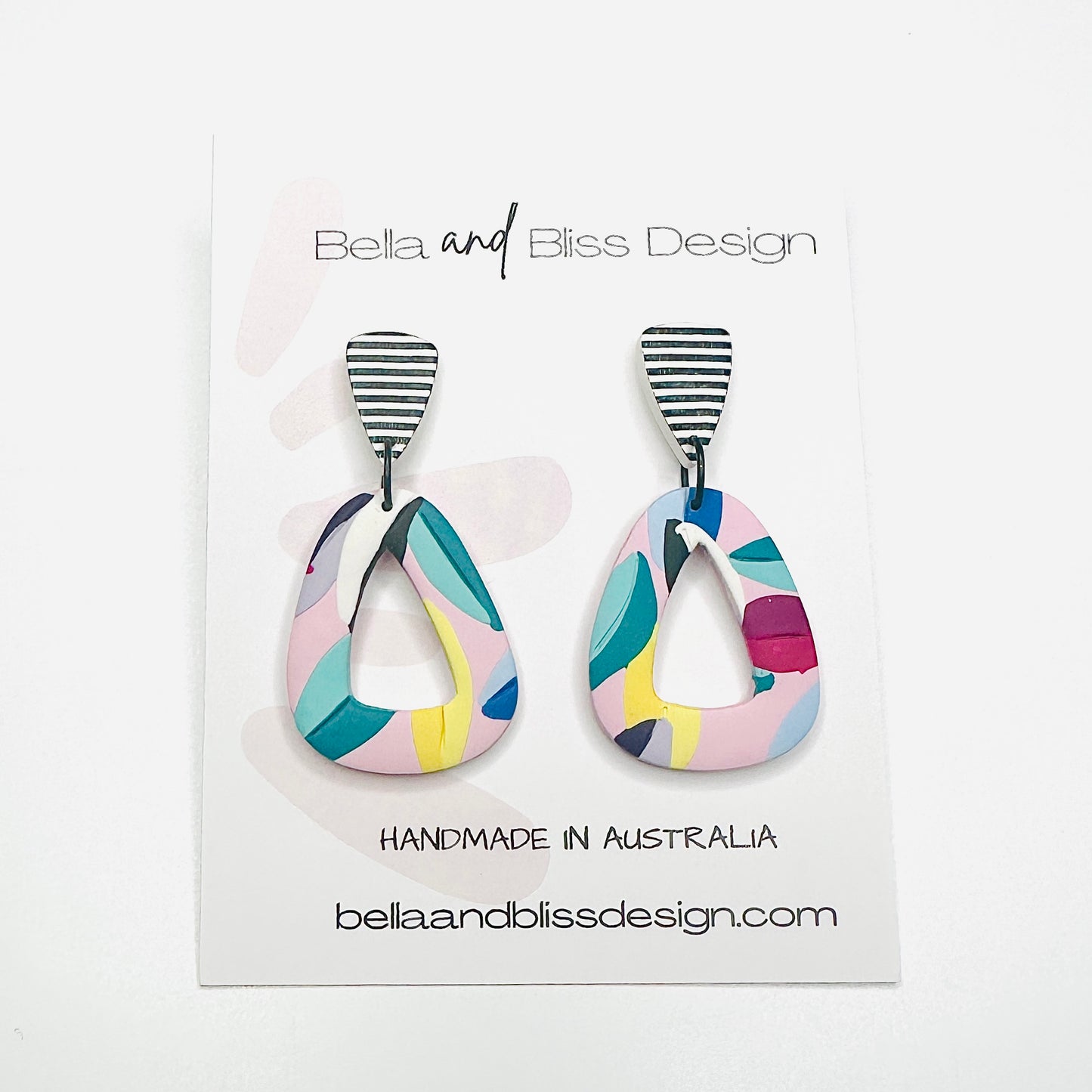 Freya // Rainbow Leaves // Clay Dangle Earrings // Yellow, Blues, Green, White, Black, Fuchsia  and Stripes