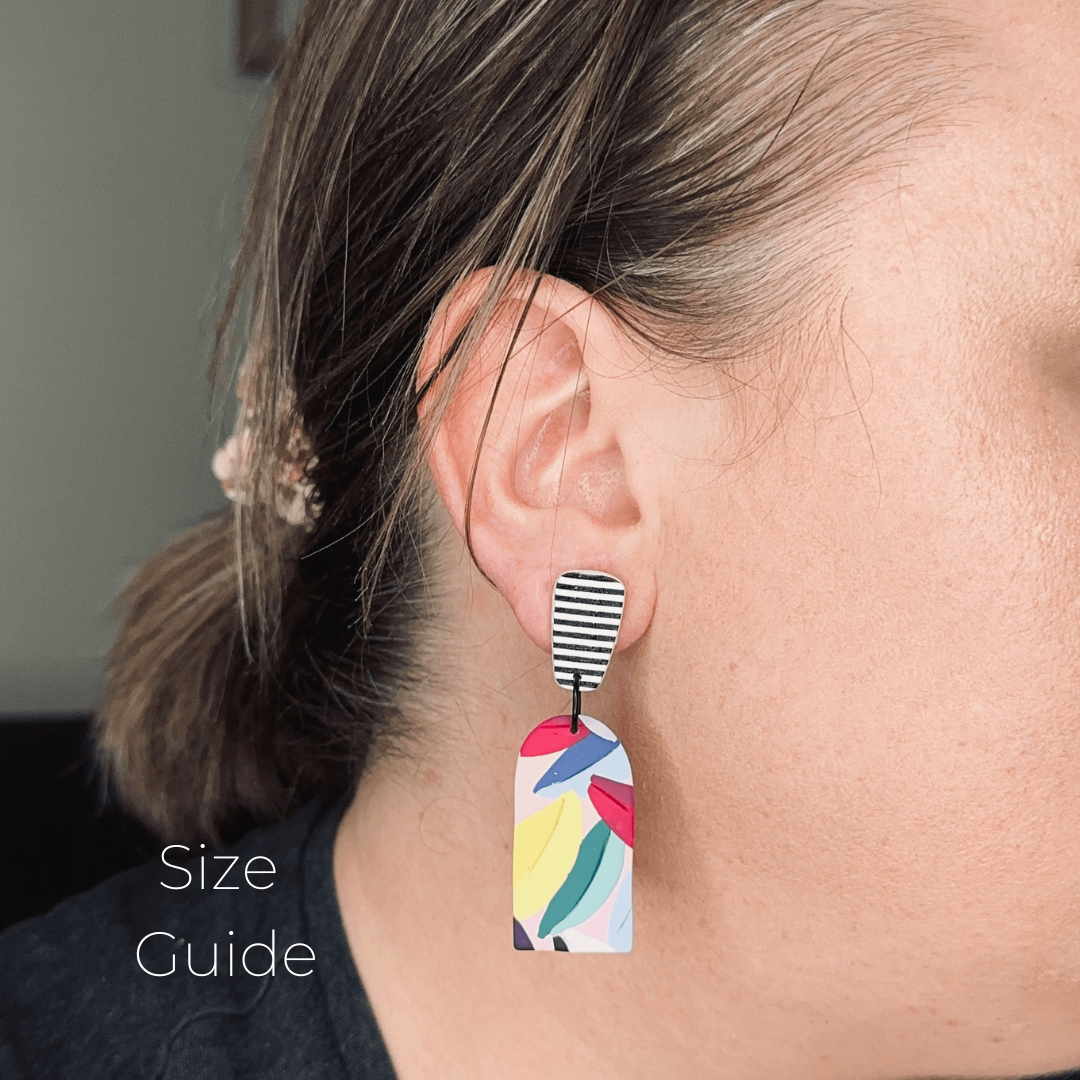 Chloe // Rainbow Leaves // Clay  Dangle Earrings // Yellow, Blues, Green, White, Black, Fuchsia and Stripes