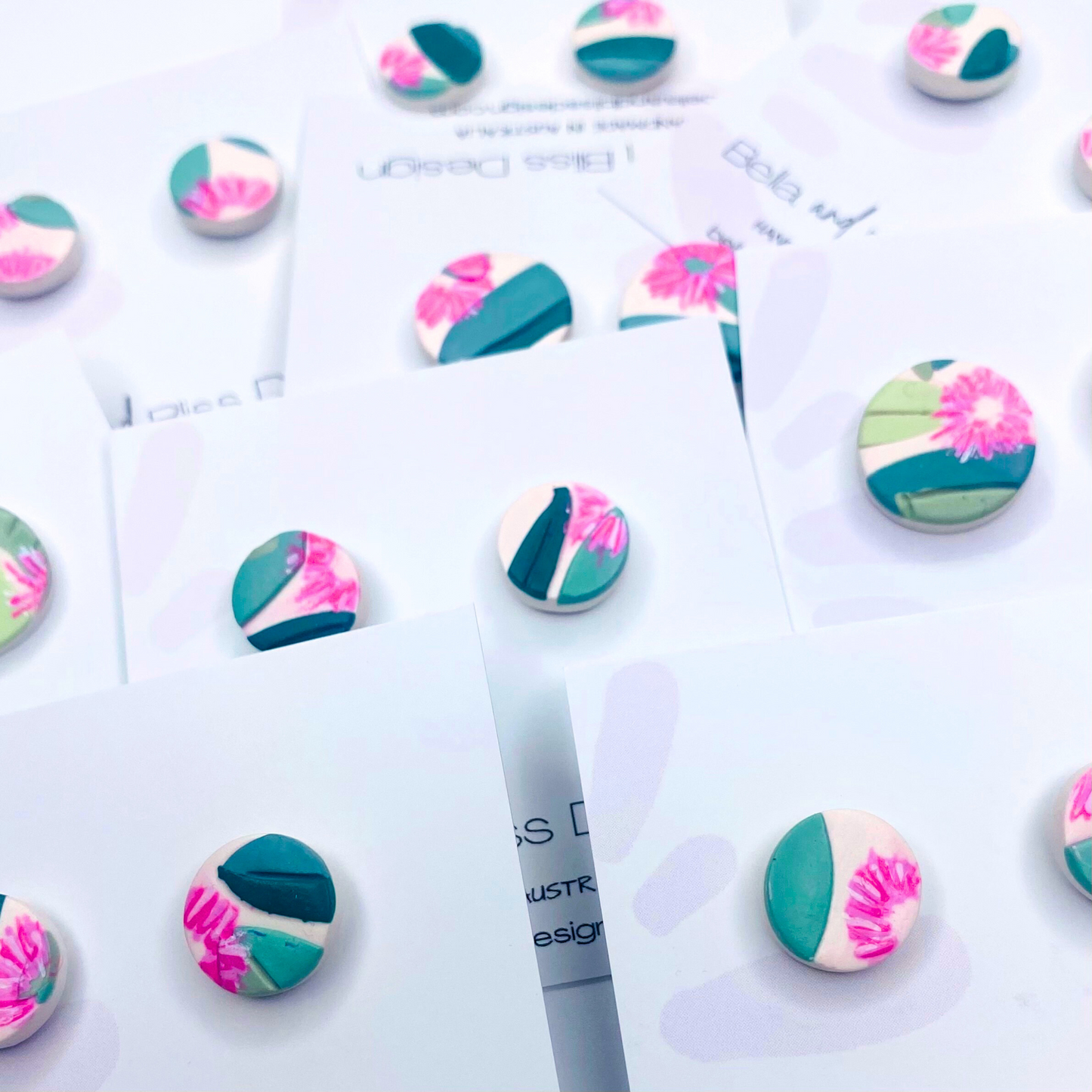 Wattle Pink Blossom // Clay Stud Earrings // Green Leaves with Pink Wattle