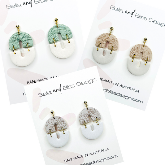 Annabella // Floral Coloured Embossed // Clay Dangle Earrings // Green, Grey and Beige